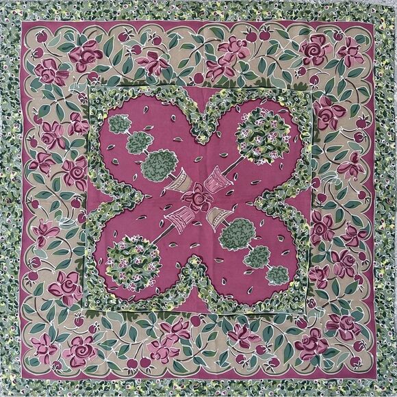 Vintage Pink Green Botanical Garden Print Silk Scarf